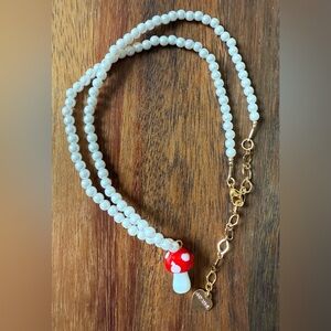 Nakamol White Faux Pearl Beaded Necklace with Red Mushroom Art Glass Pendant